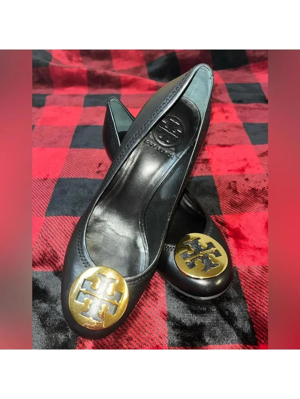 Tory Burch Leather Pumps 7M Black Gold Hardware
